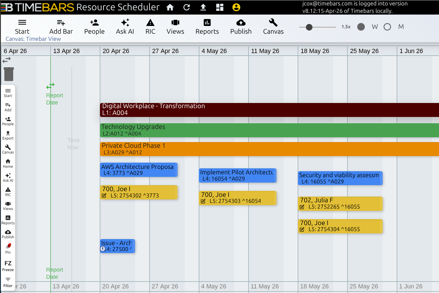 Timebars resource scheduler showing drag-and-drop allocation across a project timeline